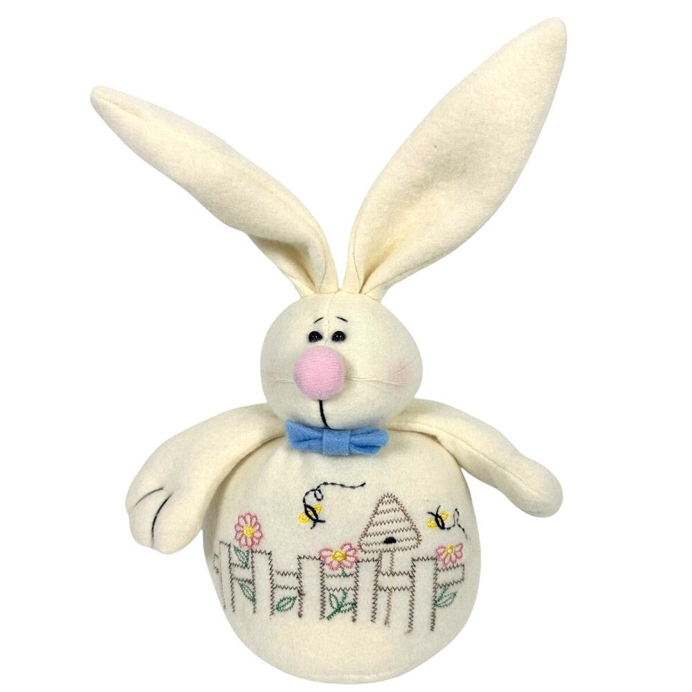 Plush White Bunny Rabbit Embroidered Front Long Ears Weighted Bottom-Excellent!